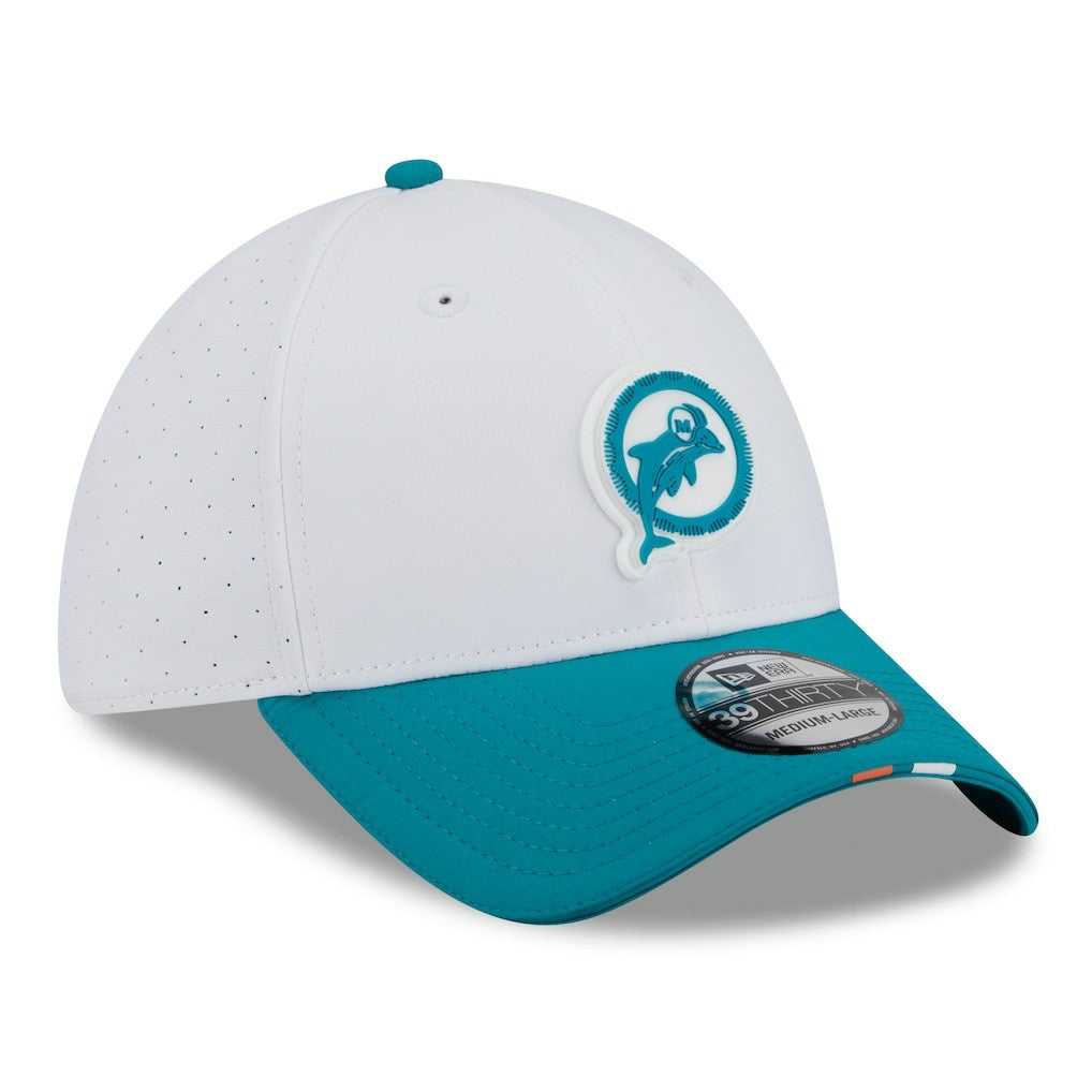 Miami Dolphins New Era 2025 NFL Training Camp Throwback Logo 39THIRTY Flex Hat - White/Aqua outlet