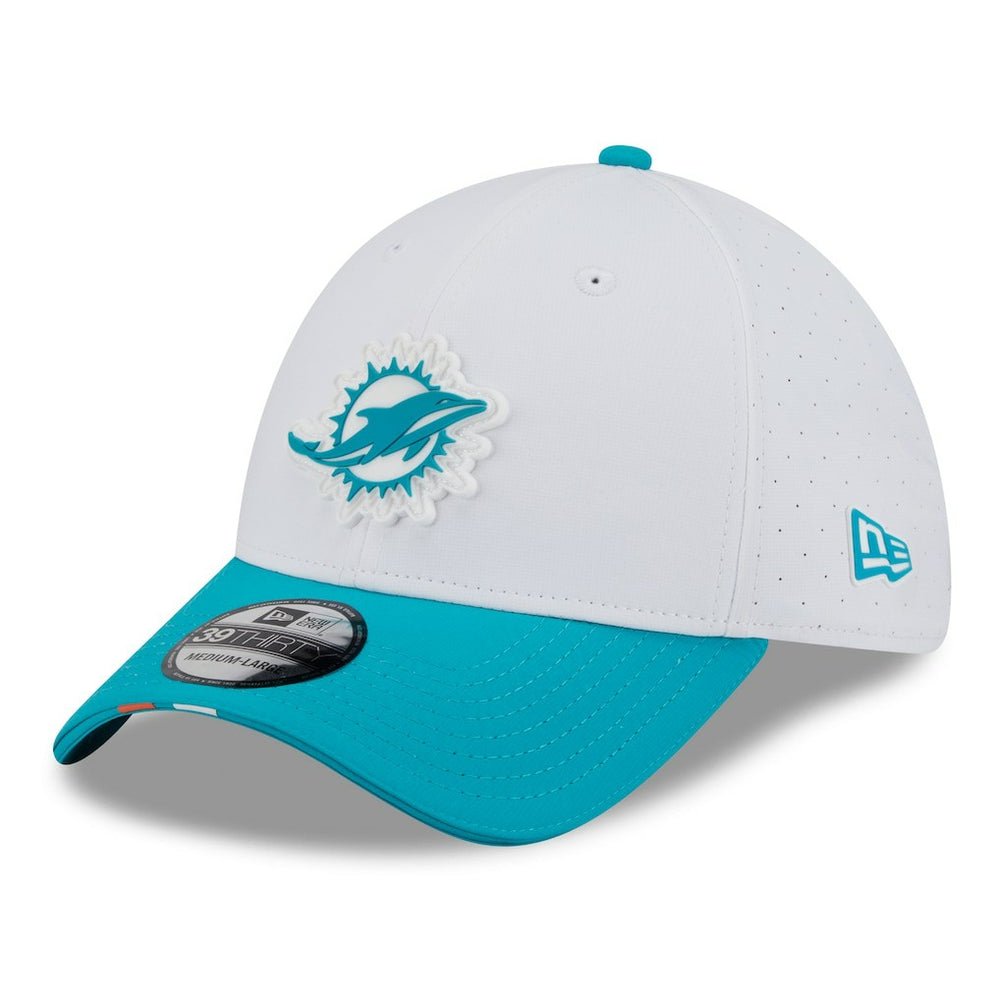 Miami Dolphins New Era 2025 NFL Training Camp 39THIRTY Flex Hat - White/Aqua cheap