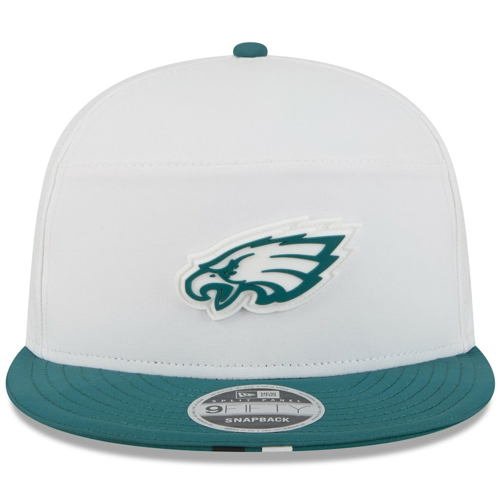 Philadelphia Eagles New Era 2025 NFL Training Camp Split Panel 9FIFTY Snapback Hat - White/Midnight Green discount