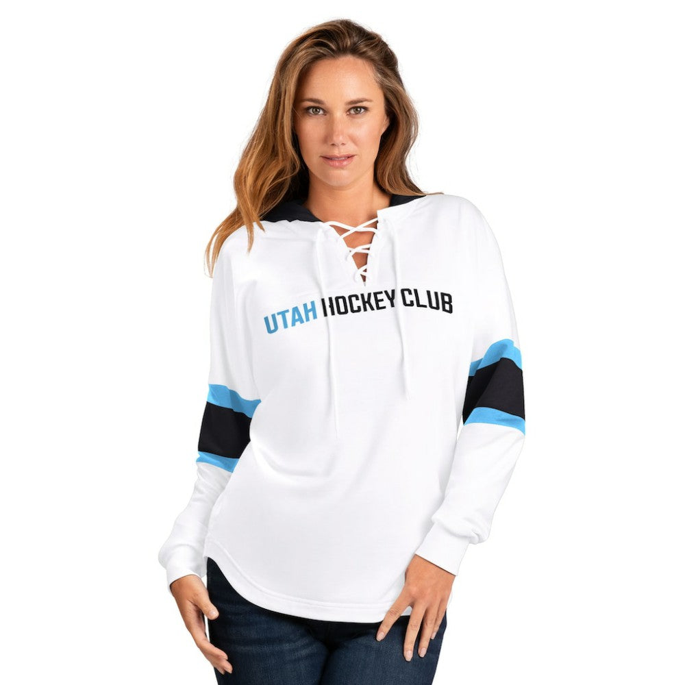 Utah Mammoth G-III 4Her by Carl Banks Women's Goal Zone Long Sleeve Lace-Up Hoodie T-Shirt White