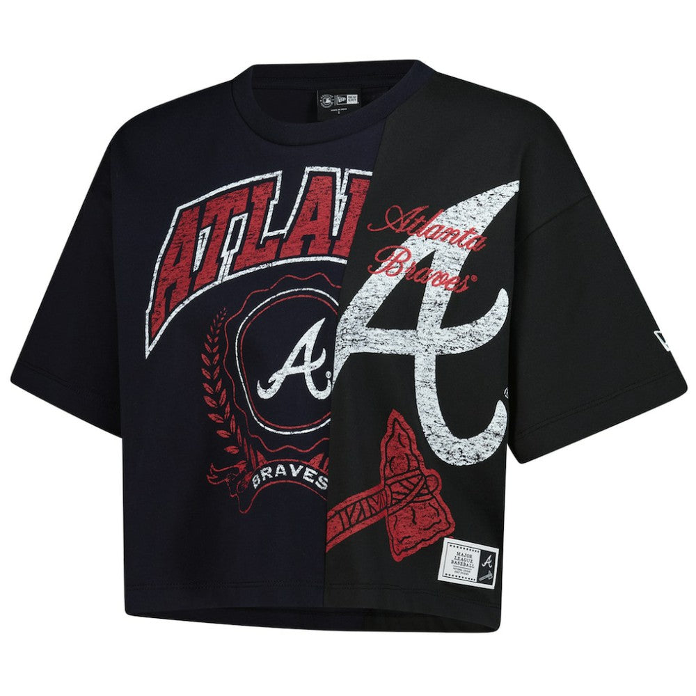 Atlanta Braves Women's Upcycled Colorblocked Boxy Cropped T-Shirt - Navy | New Era