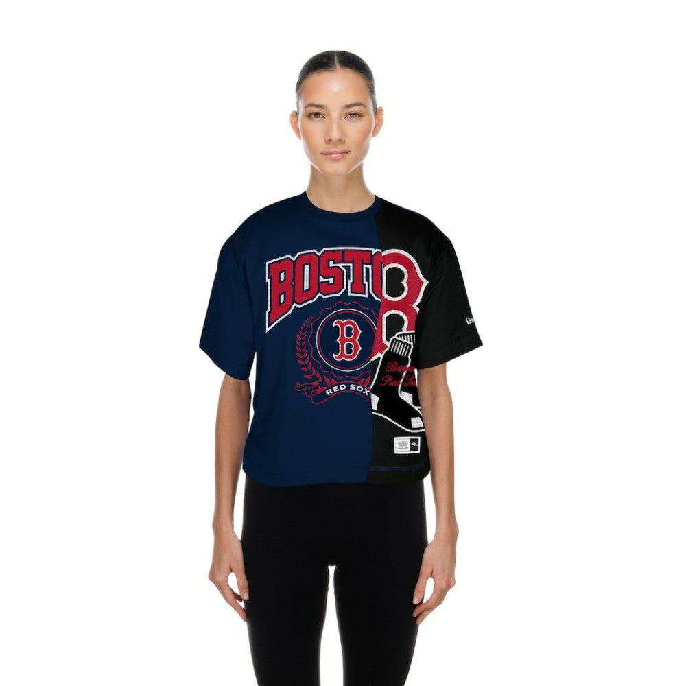 Boston Red Sox Women's Upcycled Colorblocked Boxy Cropped T-Shirt - Navy | New Era