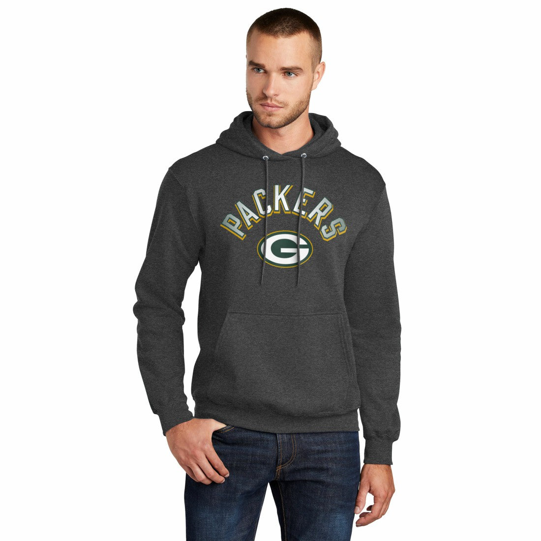 Green Bay Packers Starter Arch Over Logo Pullover Hoodie - Charcoal discount