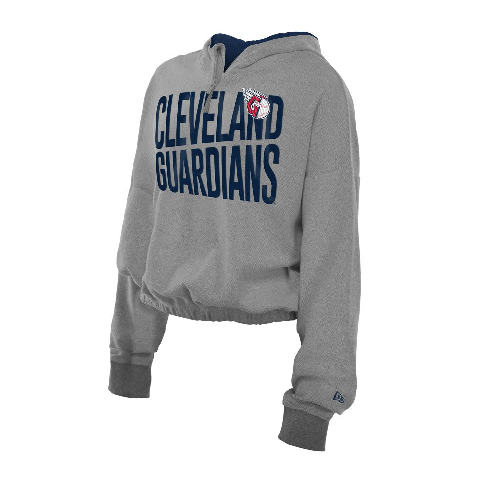 Cleveland Guardians Women's Reversed Out French Terry Quarter-Zip Banded Crop Hoodie - Heather Gray | New Era