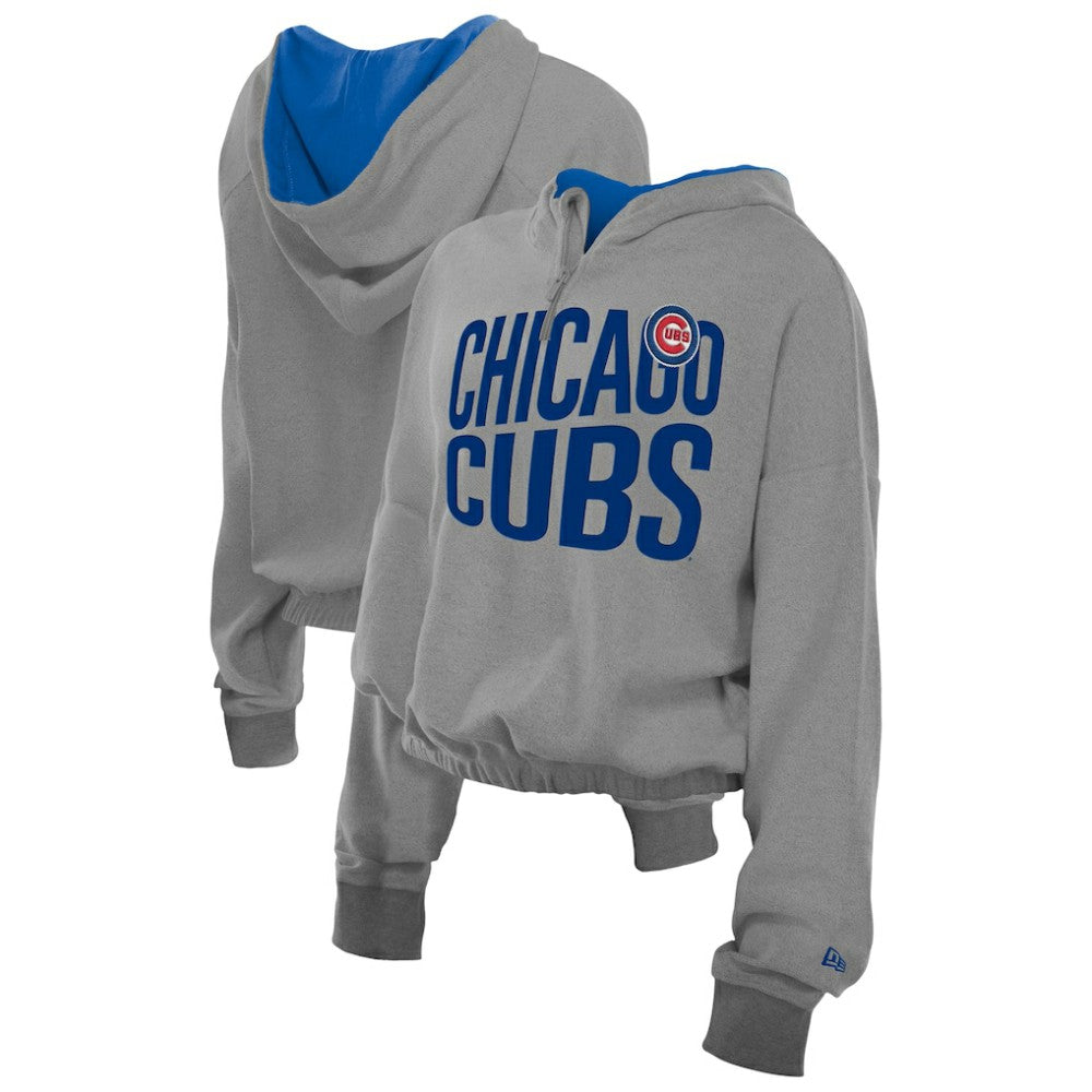 Chicago Cubs Women's Reversed Out French Terry Quarter-Zip Banded Crop Hoodie - Heather Gray | New Era
