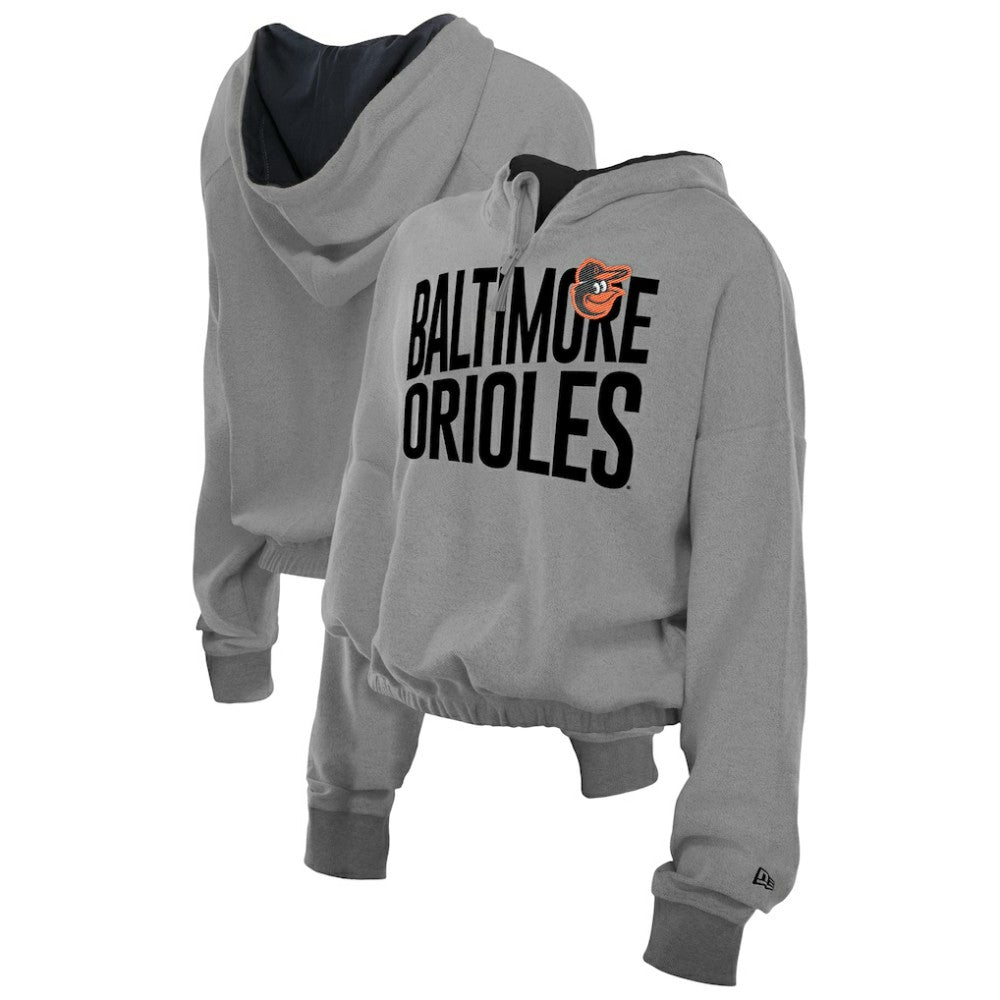 Baltimore Orioles Women's Reversed Out French Terry Quarter-Zip Banded Crop Hoodie - Heather Gray | New Era