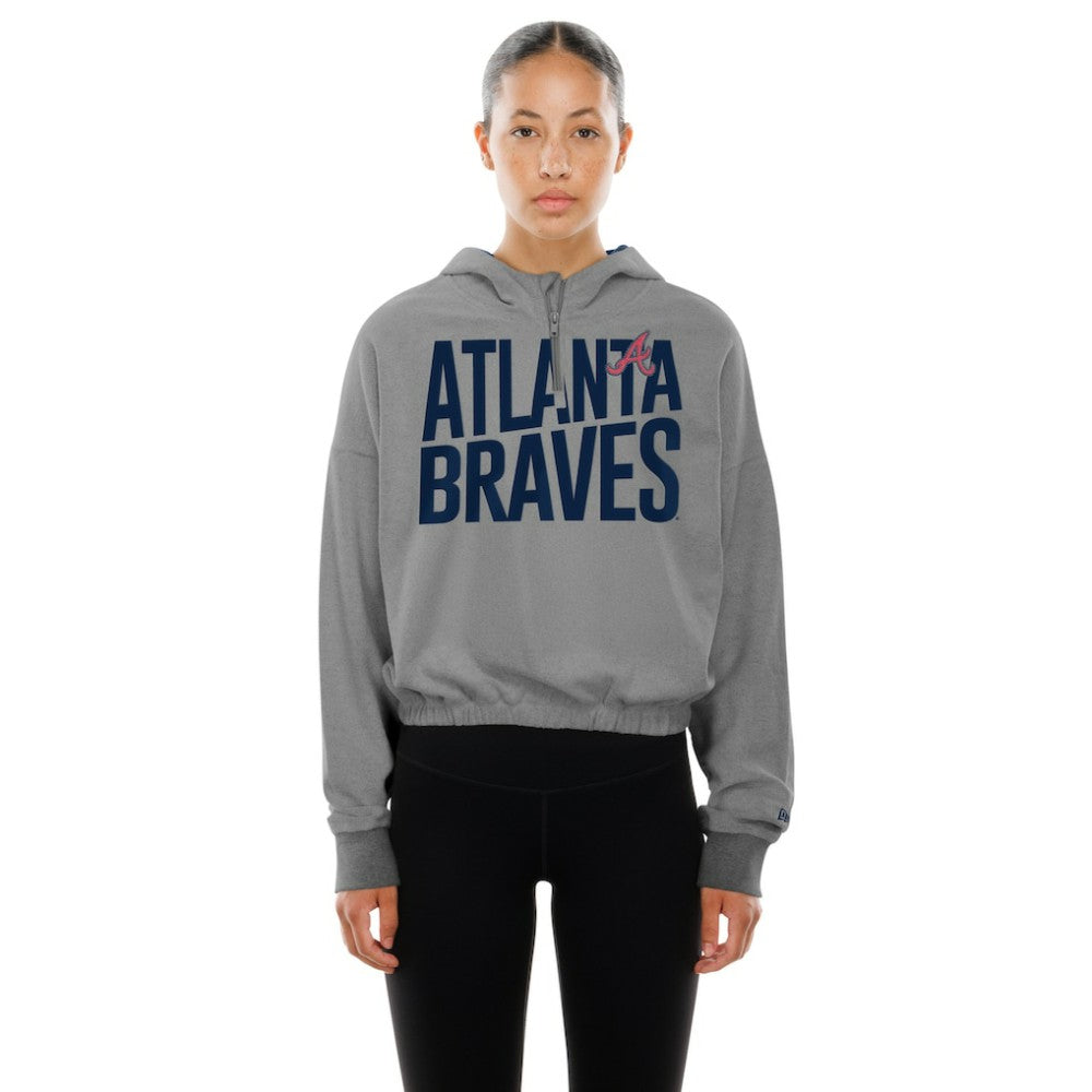 Atlanta Braves Women's Reversed Out French Terry Quarter-Zip Banded Crop Hoodie - Heather Gray | New Era