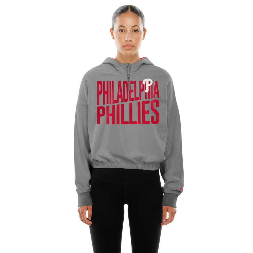 Philadelphia Phillies Women's Reversed Out French Terry Quarter-Zip Banded Crop Hoodie - Heather Gray | New Era