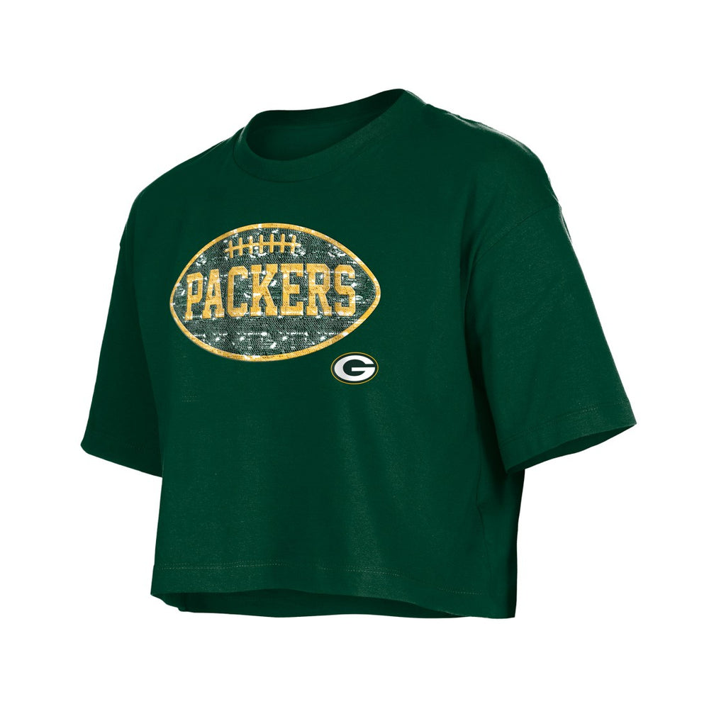 Green Bay Packers New Era Girl's Flip Sequin Boxy T-Shirt - Green on sale