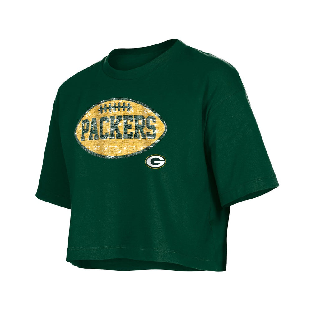 Green Bay Packers New Era Girl's Flip Sequin Boxy T-Shirt - Green on sale