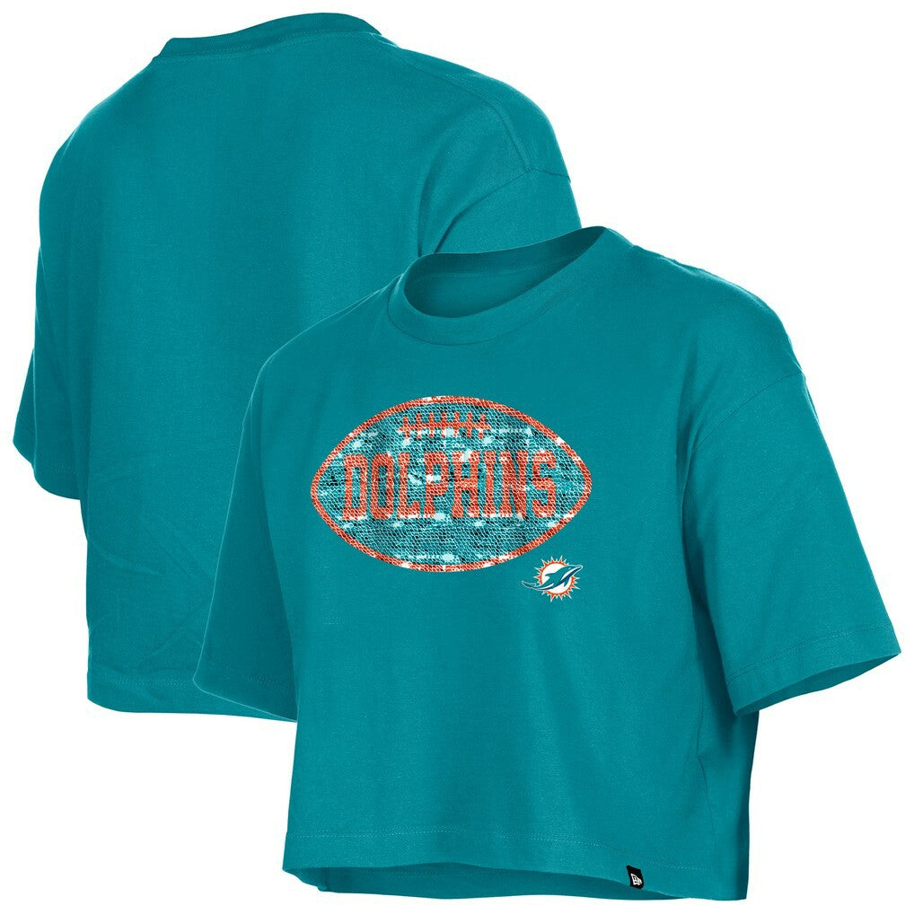 Miami Dolphins New Era Girl's Flip Sequin Boxy T-Shirt - Aqua sale