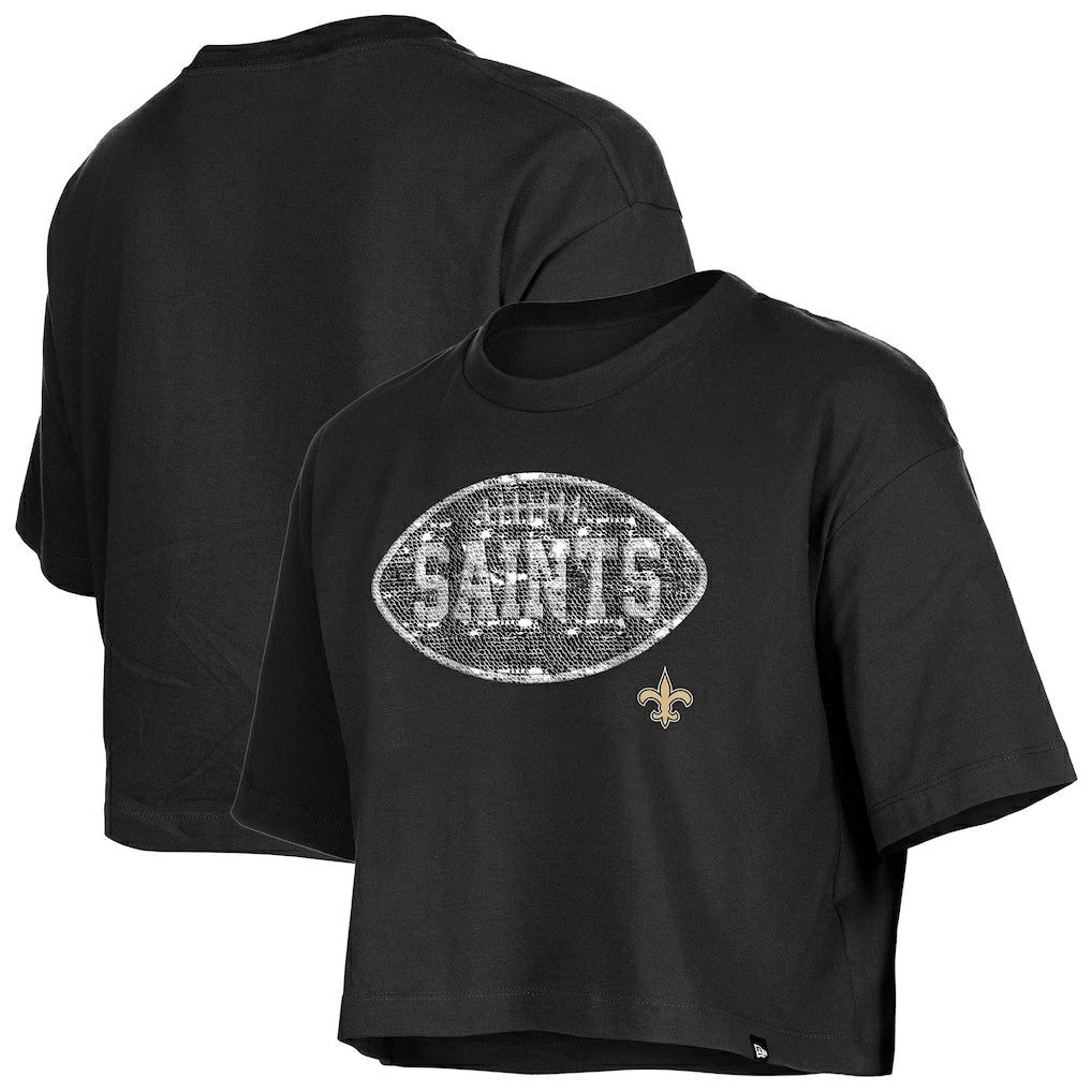 New Orleans Saints New Era Girl's Flip Sequin Boxy T-Shirt - Black sale
