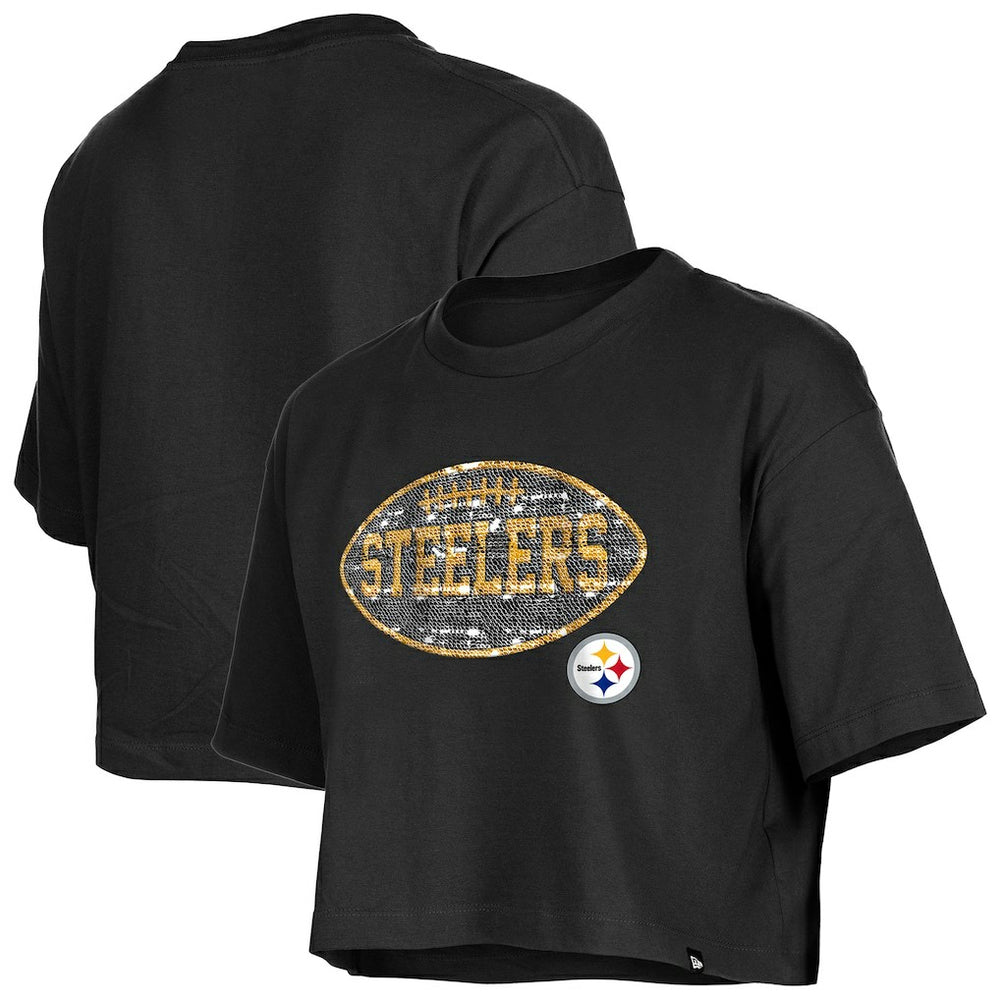 Pittsburgh Steelers New Era Girl's Flip Sequin Boxy T-Shirt - Black outlet