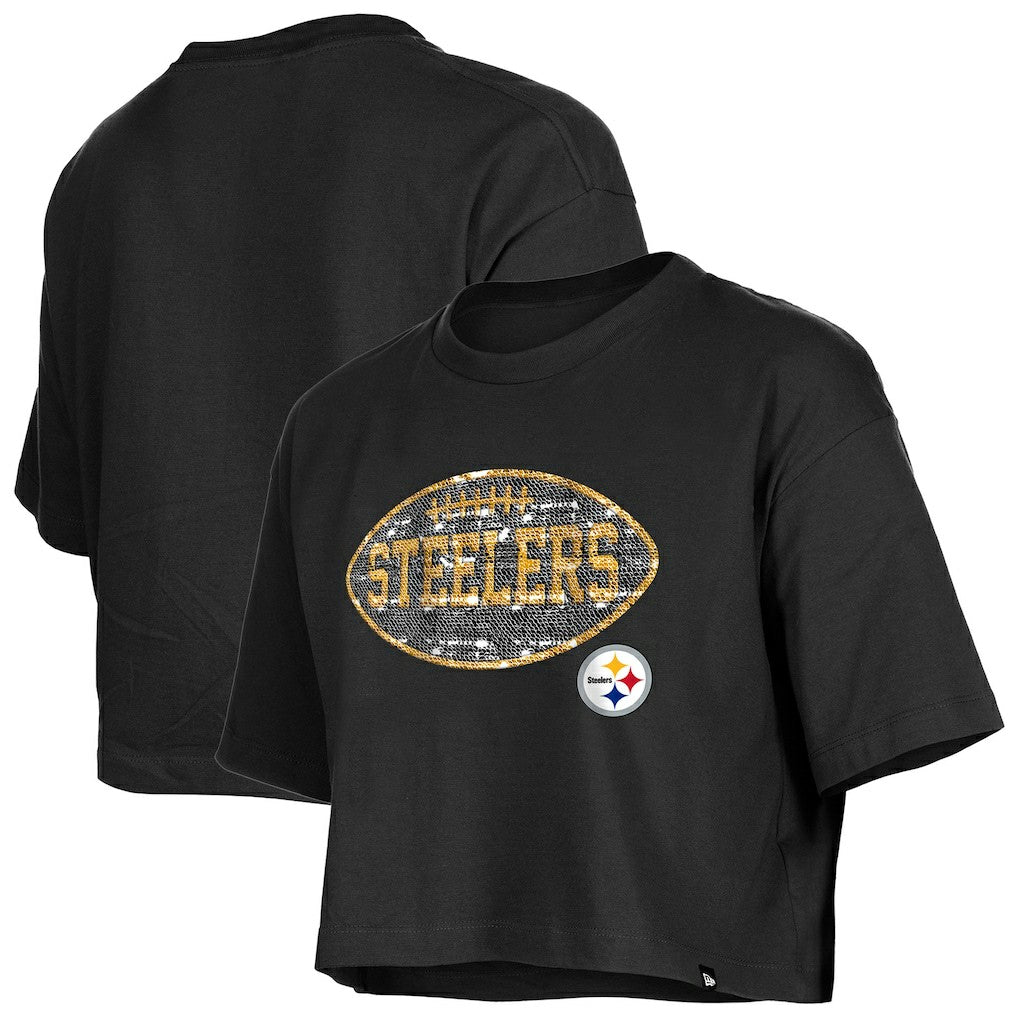 Pittsburgh Steelers New Era Girl's Flip Sequin Boxy T-Shirt - Black outlet