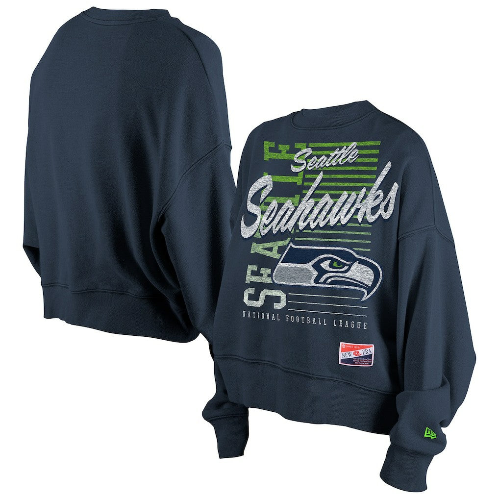 Seattle Seahawks New Era Women's Oversized Throwback Mineral Wash Crew Neck Sweatshirt - College Navy sale