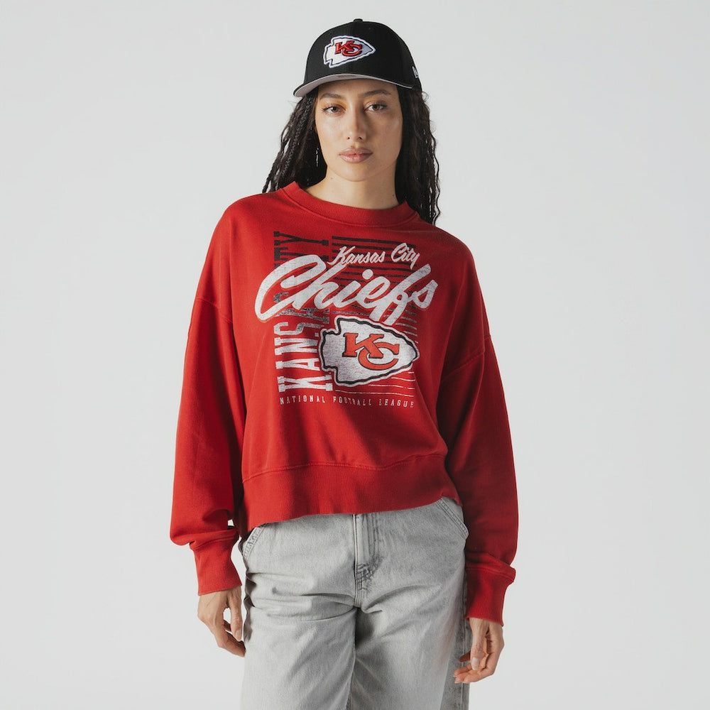 Kansas City Chiefs New Era Women's Oversized Throwback Mineral Wash Crew Neck Sweatshirt - Red on sale
