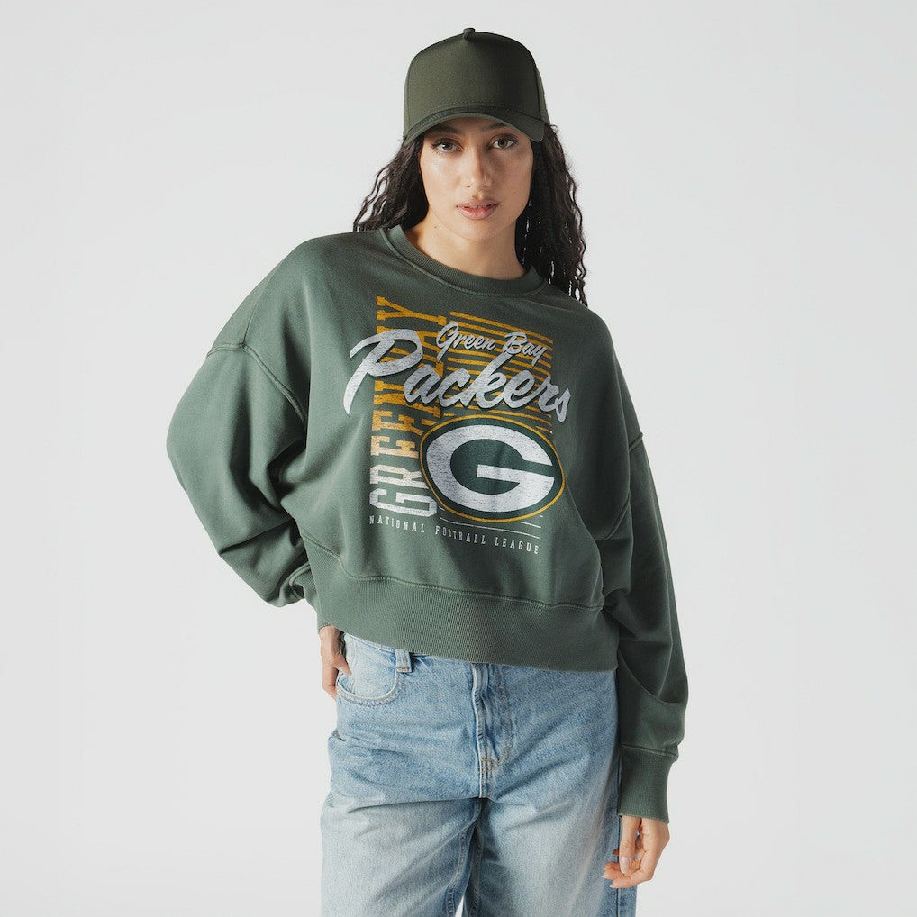 Green Bay Packers New Era Women's Oversized Throwback Mineral Wash Crew Neck Sweatshirt - Green cheap
