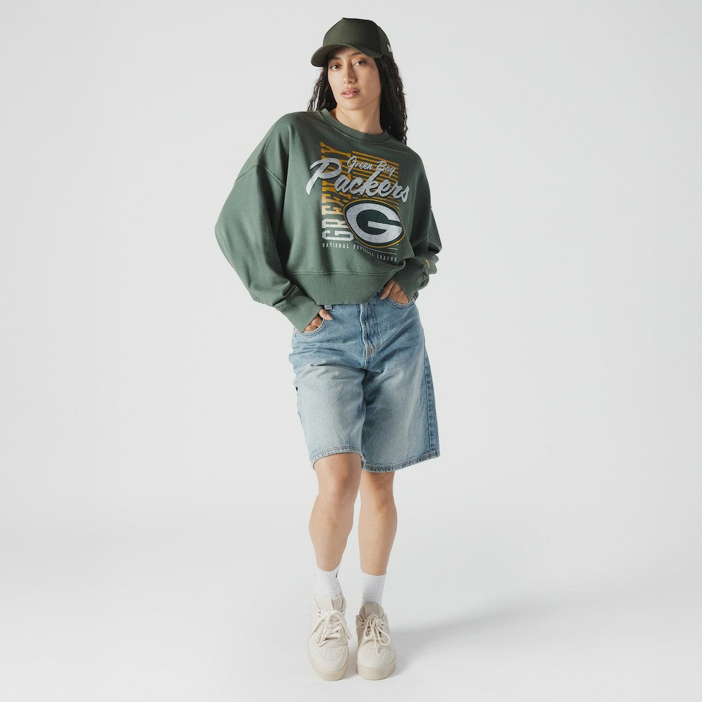 Green Bay Packers New Era Women's Oversized Throwback Mineral Wash Crew Neck Sweatshirt - Green cheap