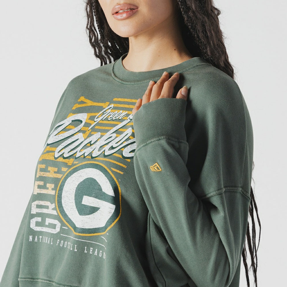 Green Bay Packers New Era Women's Oversized Throwback Mineral Wash Crew Neck Sweatshirt - Green cheap
