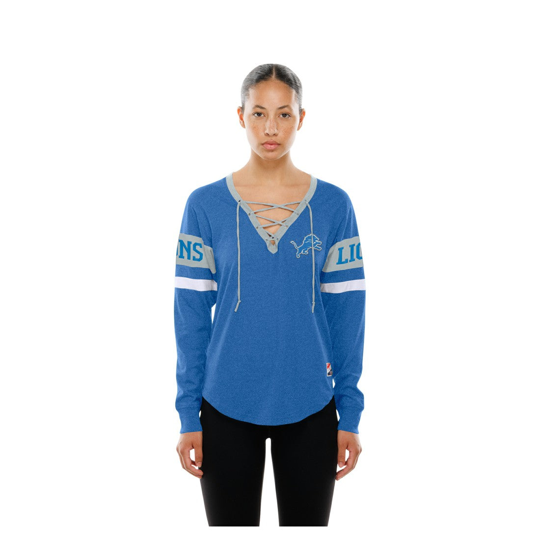 Detroit Lions New Era Women's Throwback Lace-Up Long-Sleeve T-Shirt - Blue on sale