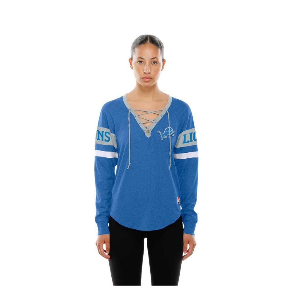 Detroit Lions New Era Women's Throwback Lace-Up Long-Sleeve T-Shirt - Blue on sale