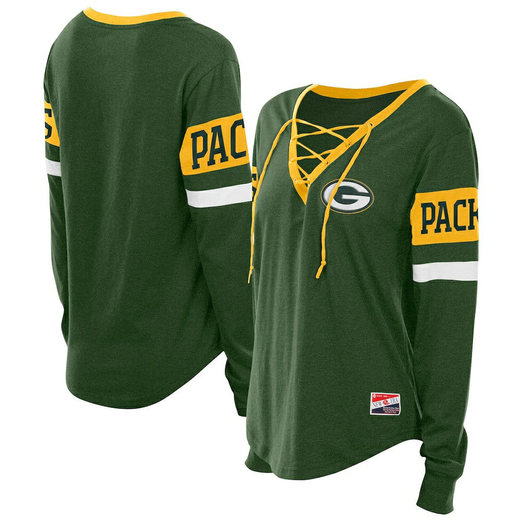 Green Bay Packers New Era Women's Throwback Lace-Up Long-Sleeve T-Shirt - Green discount