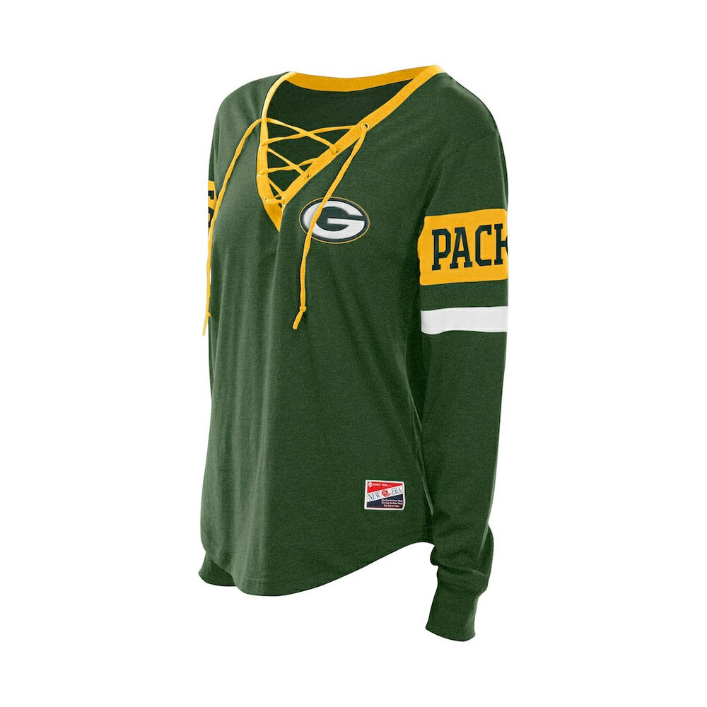 Green Bay Packers New Era Women's Throwback Lace-Up Long-Sleeve T-Shirt - Green discount
