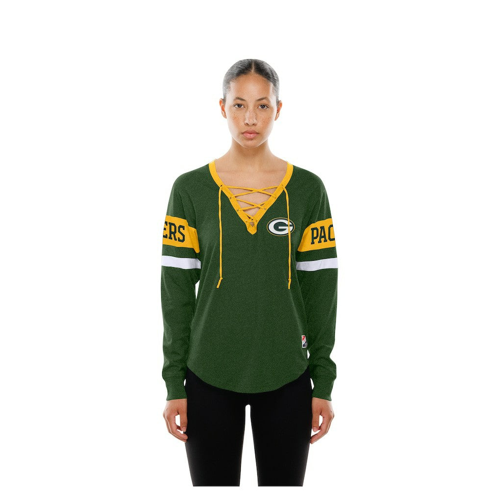 Green Bay Packers New Era Women's Throwback Lace-Up Long-Sleeve T-Shirt - Green discount