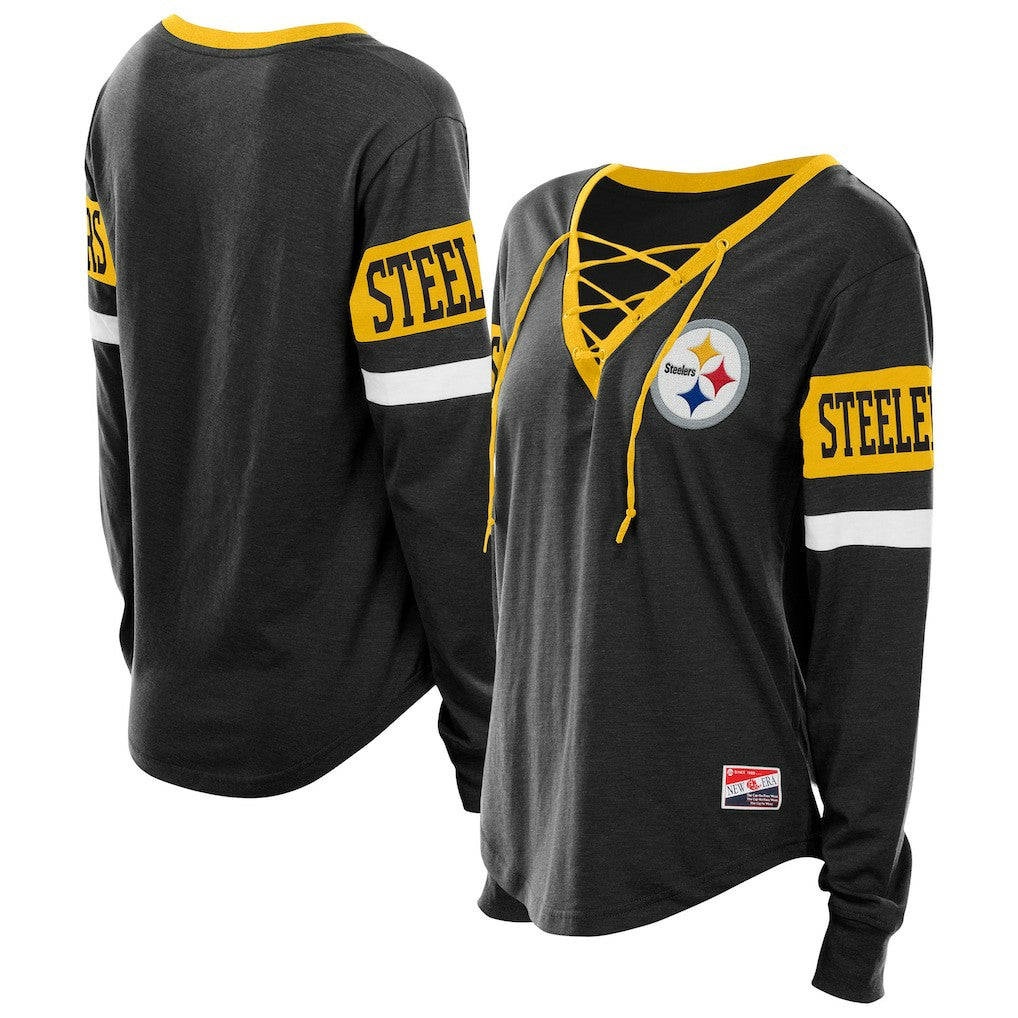 Pittsburgh Steelers New Era Women's Throwback Lace-Up Long-Sleeve T-Shirt - Black for sale