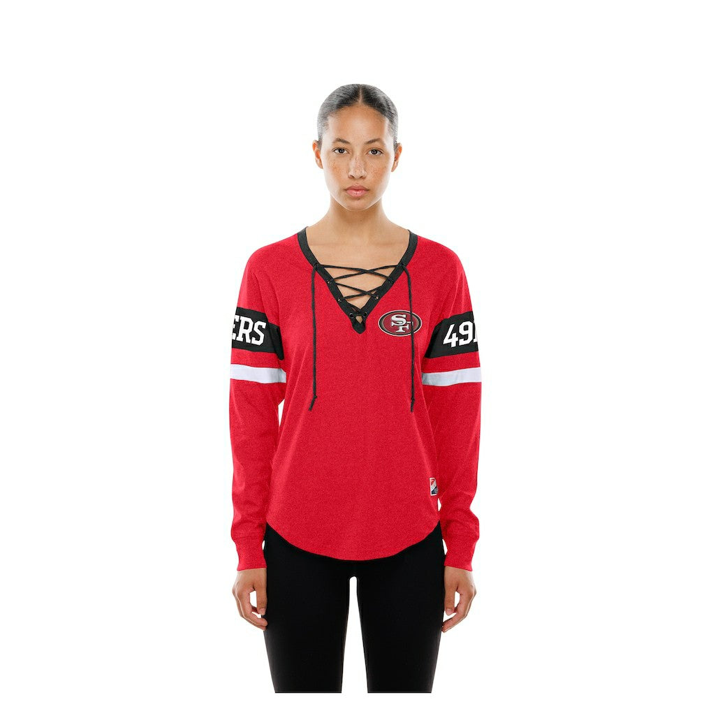 San Francisco 49ers New Era Women's Throwback Lace-Up Long-Sleeve T-Shirt - Scarlet for sale