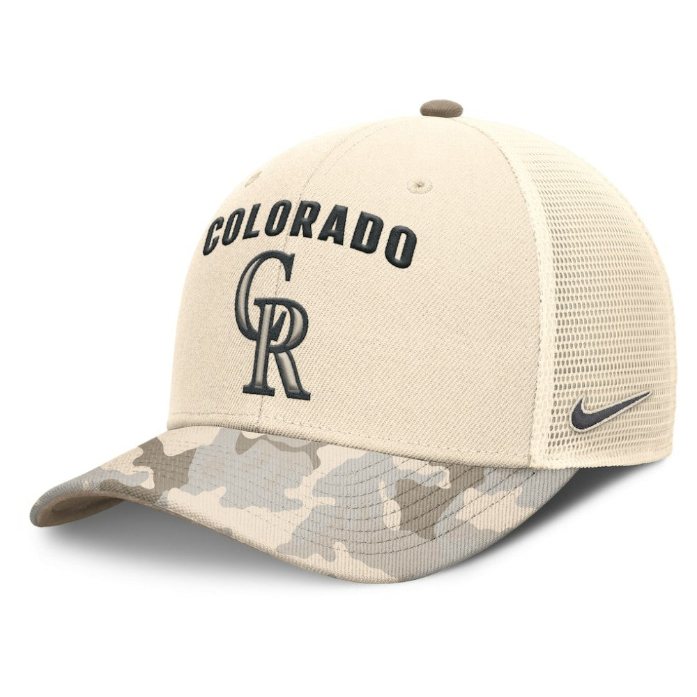 Colorado Rockies Camo Natural Pack Rise Adjustable Trucker Hat - Natural | Nike
