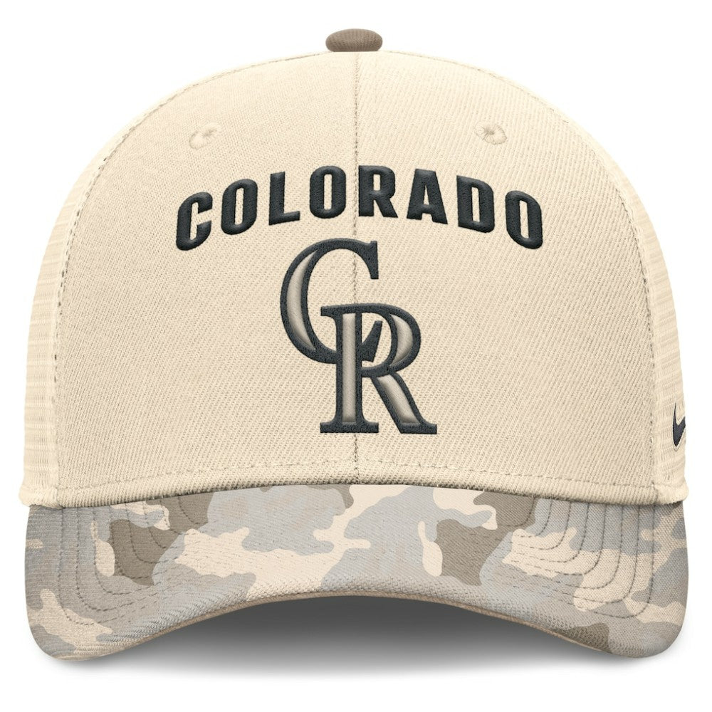 Colorado Rockies Camo Natural Pack Rise Adjustable Trucker Hat - Natural | Nike
