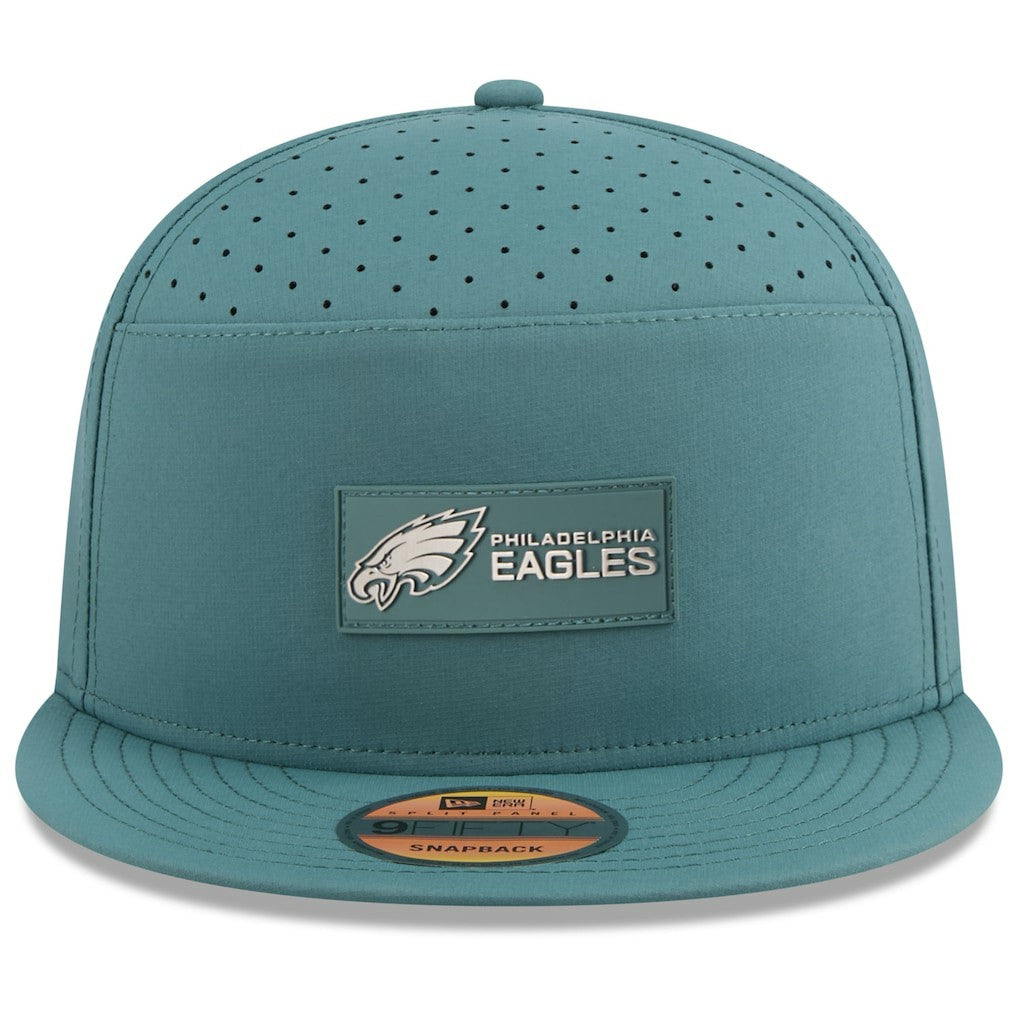 Philadelphia Eagles New Era 2025 Sideline Split Panel 9FIFTY Snapback Hat - Midnight Green discount