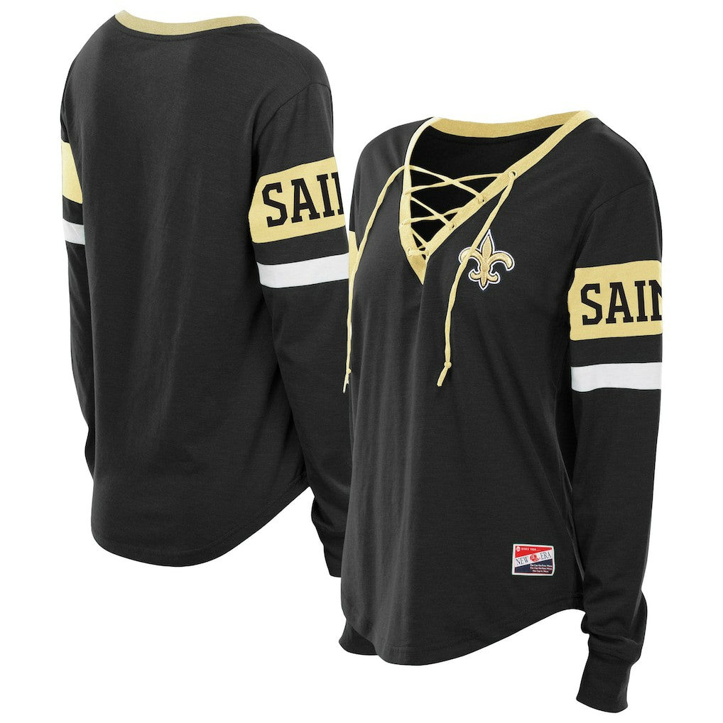 New Orleans Saints New Era Women's Plus Size Throwback Lace-Up Long Sleeve T-Shirt - Black for sale