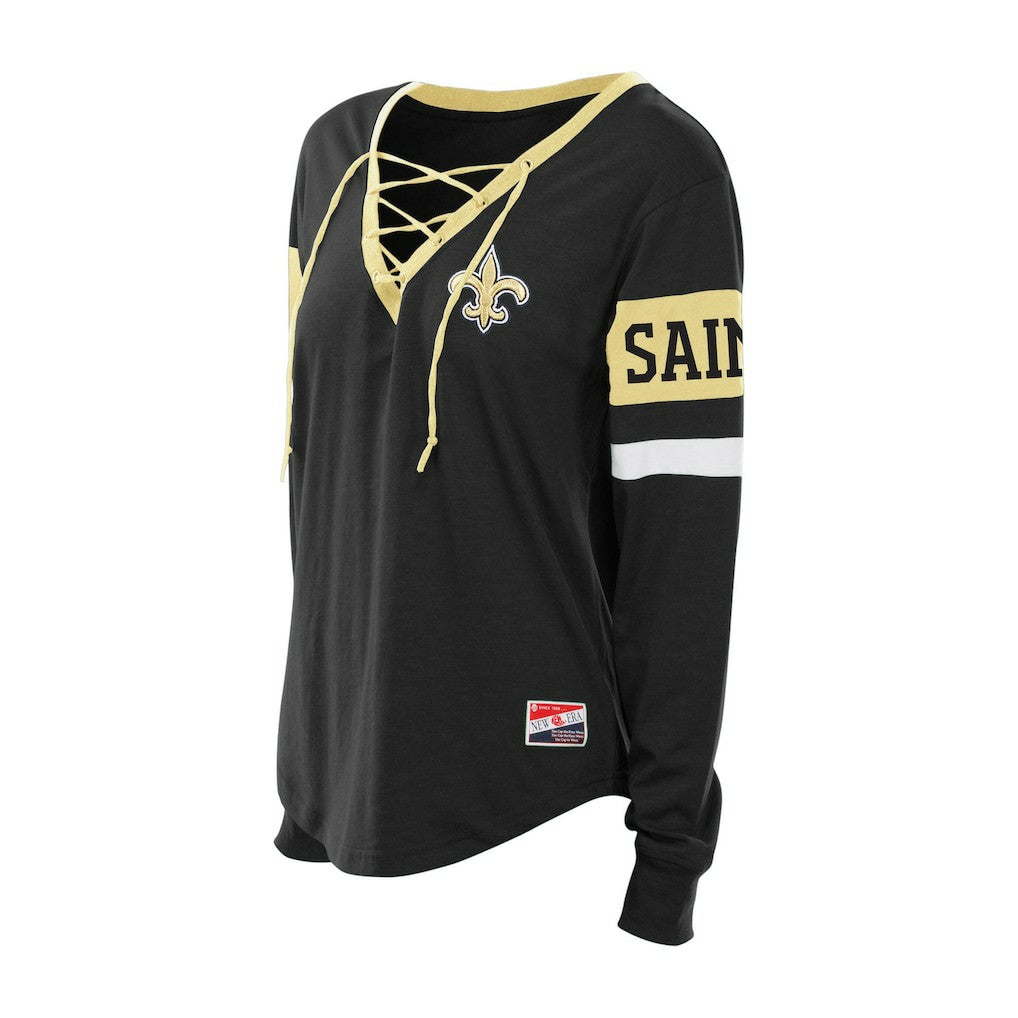 New Orleans Saints New Era Women's Plus Size Throwback Lace-Up Long Sleeve T-Shirt - Black for sale