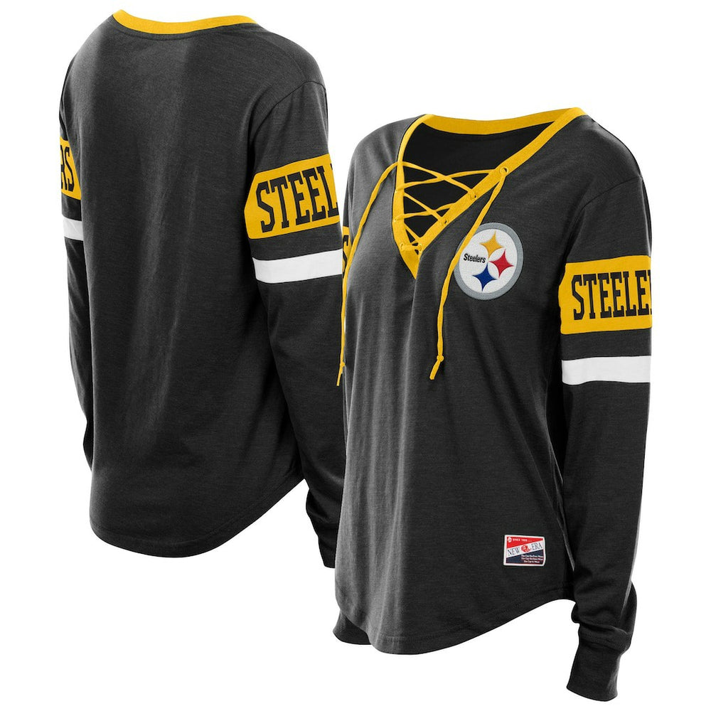 Pittsburgh Steelers New Era Women's Plus Size Throwback Lace-Up Long Sleeve T-Shirt - Black sale