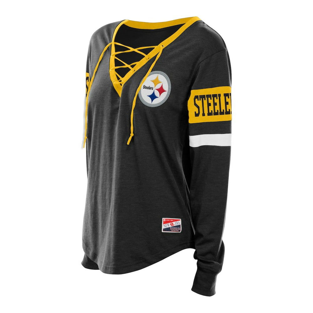 Pittsburgh Steelers New Era Women's Plus Size Throwback Lace-Up Long Sleeve T-Shirt - Black sale