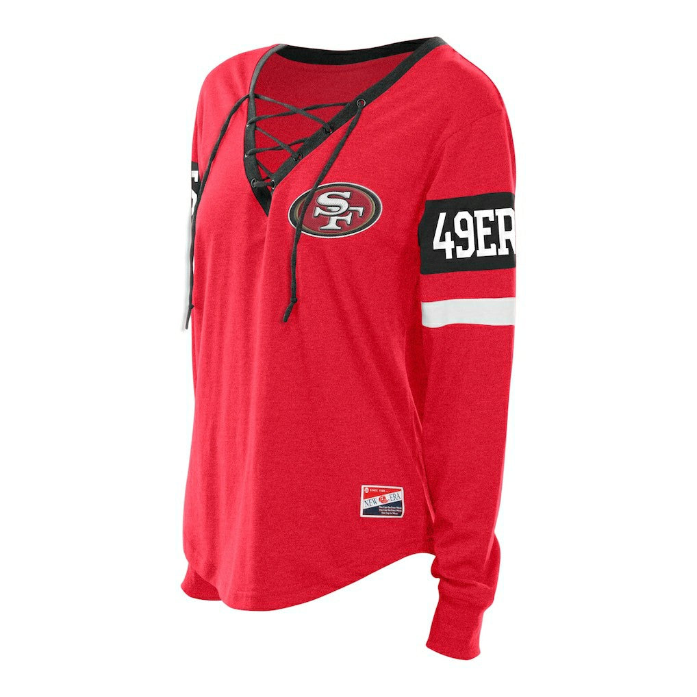 San Francisco 49ers New Era Women's Plus Size Throwback Lace-Up Long Sleeve T-Shirt - Scarlet sale