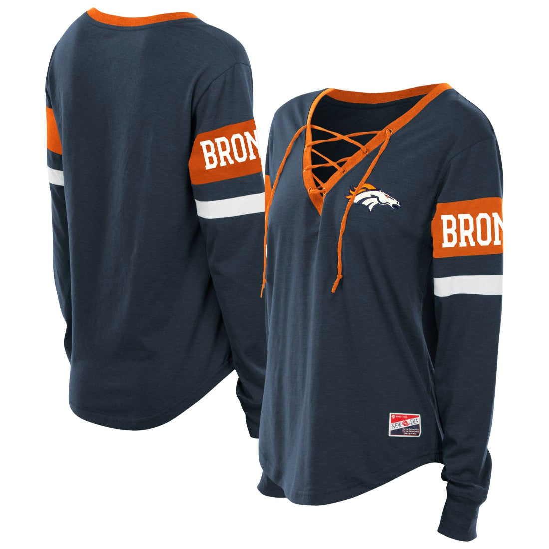 Denver Broncos New Era Women's Plus Size Throwback Lace-Up Long Sleeve T-Shirt - Navy discount