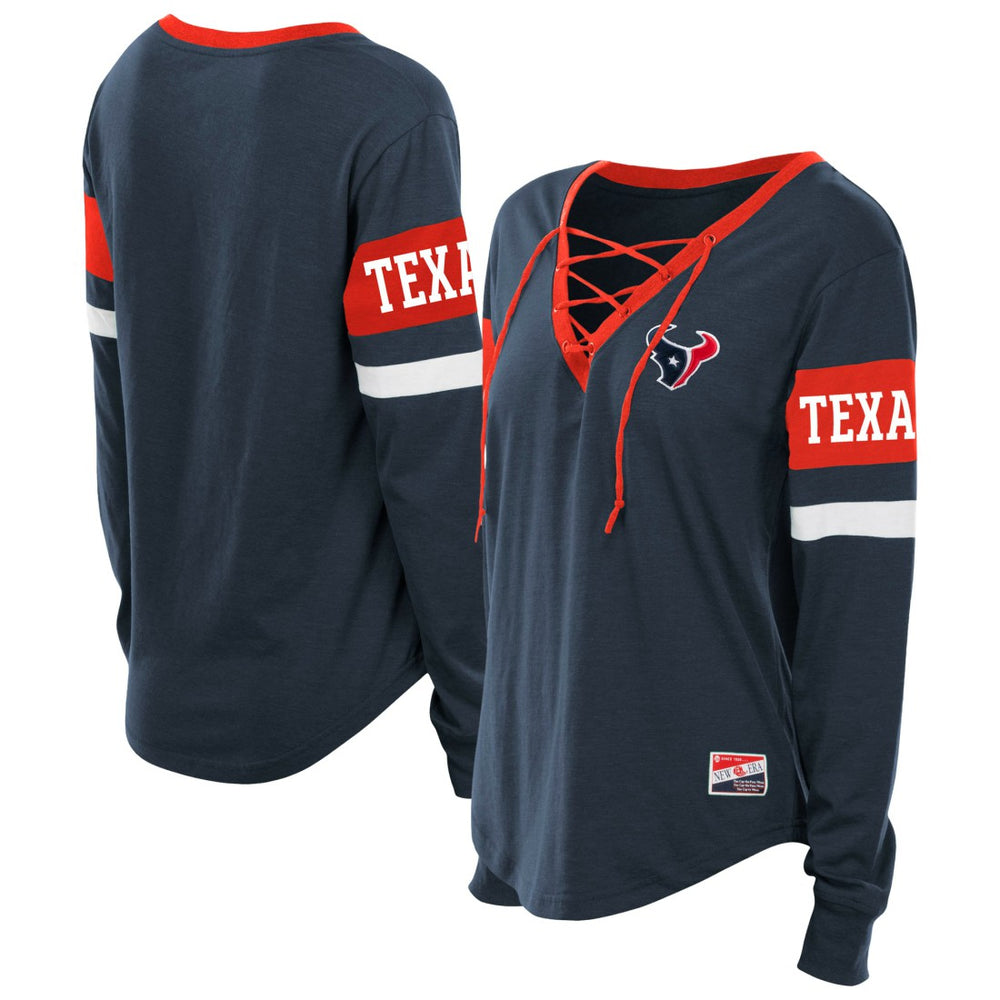 Houston Texans New Era Women's Plus Size Throwback Lace-Up Long Sleeve T-Shirt - Navy on sale