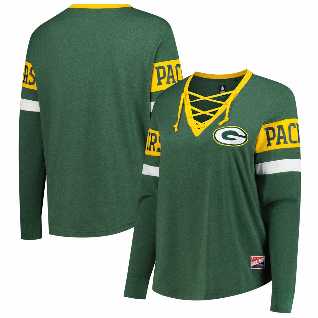 Green Bay Packers New Era Women's Plus Size Throwback Lace-Up Long Sleeve T-Shirt - Green cheap