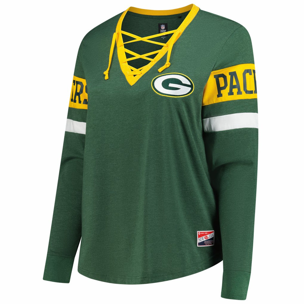 Green Bay Packers New Era Women's Plus Size Throwback Lace-Up Long Sleeve T-Shirt - Green cheap
