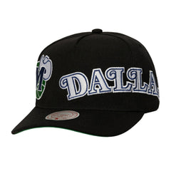 Dallas Mavericks Busted Logo Wordmark Wrap Around Pro Pinch Adjustable Hat sale - Black | Mitchell & Ness on sale