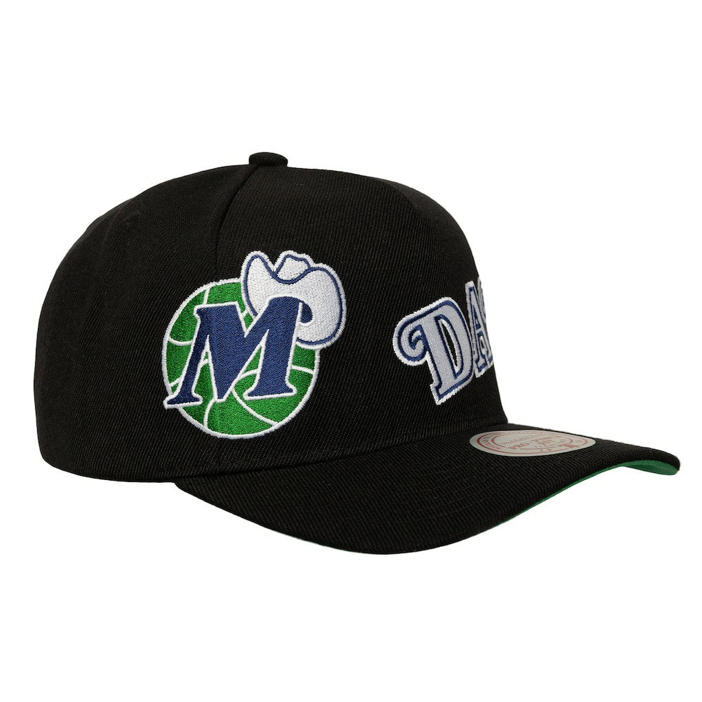 Dallas Mavericks Busted Logo Wordmark Wrap Around Pro Pinch Adjustable Hat sale - Black | Mitchell & Ness on sale