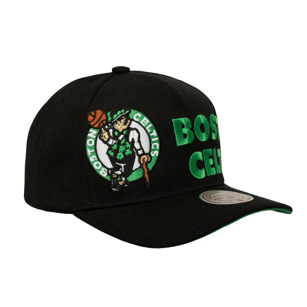 Boston Celtics Busted Logo Wordmark Wrap-Around Pro Pinch Adjustable Hat - Black | Mitchell & Ness sale