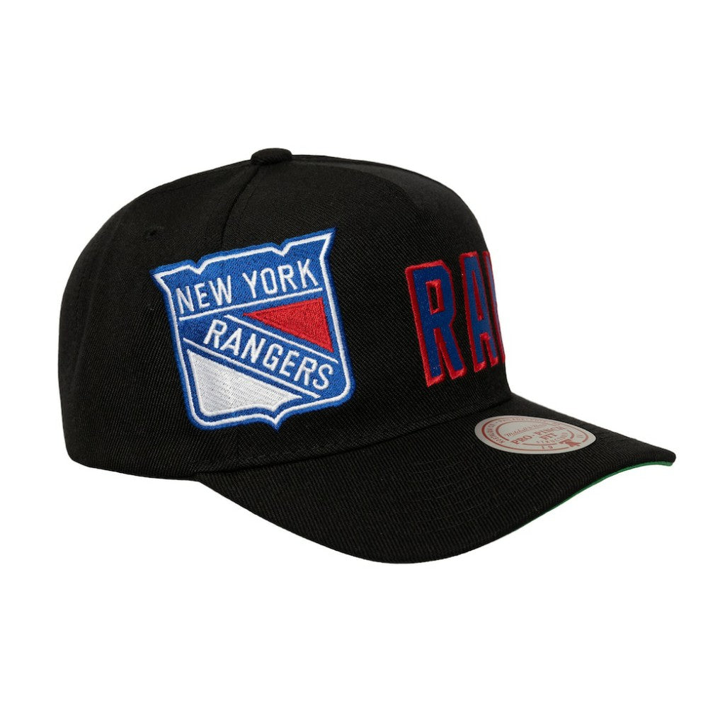 New York Rangers Mitchell & Ness Busted Logo Wordmark Wrap-Around Pro Pinch Adjustable Hat Black