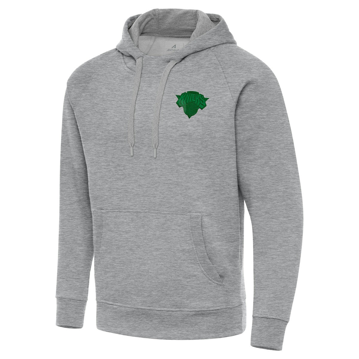 New York Knicks Antigua St. Patrick's Day Victory Raglan Pullover Hoodie - Heather Gray shop