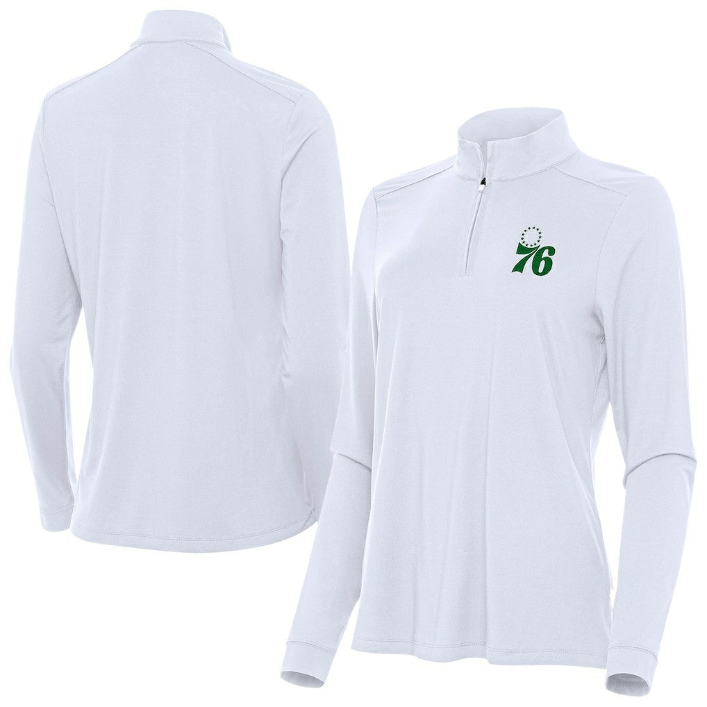 Philadelphia 76ers Antigua Women's St. Patrick's Day Intent Quarter-Zip Top - White for sale