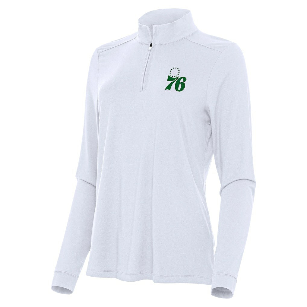 Philadelphia 76ers Antigua Women's St. Patrick's Day Intent Quarter-Zip Top - White for sale
