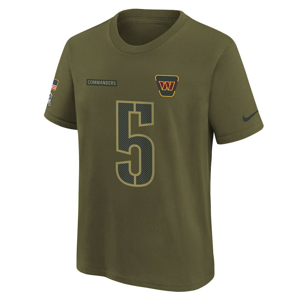 Jayden Daniels Washington Commanders Youth 2025 Salute to Service Name & Number T-Shirt - Olive | Nike for sale